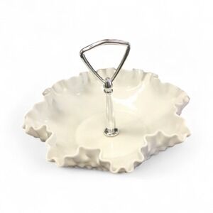 New‎ vtg Fenton white milk glass ruffled edge hobnail silver handled candy dish